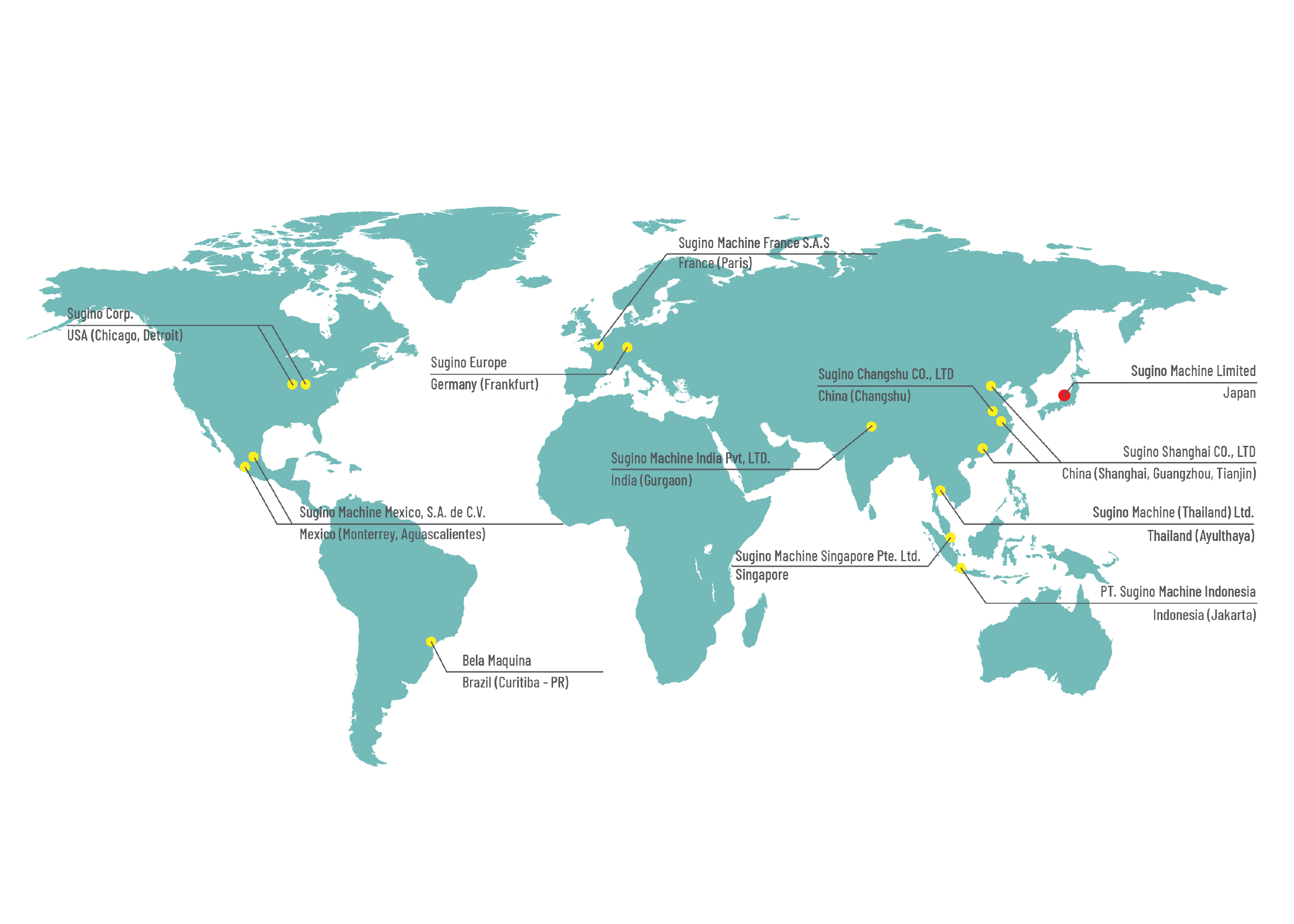 Sugino Map of Locations in a variety of countries