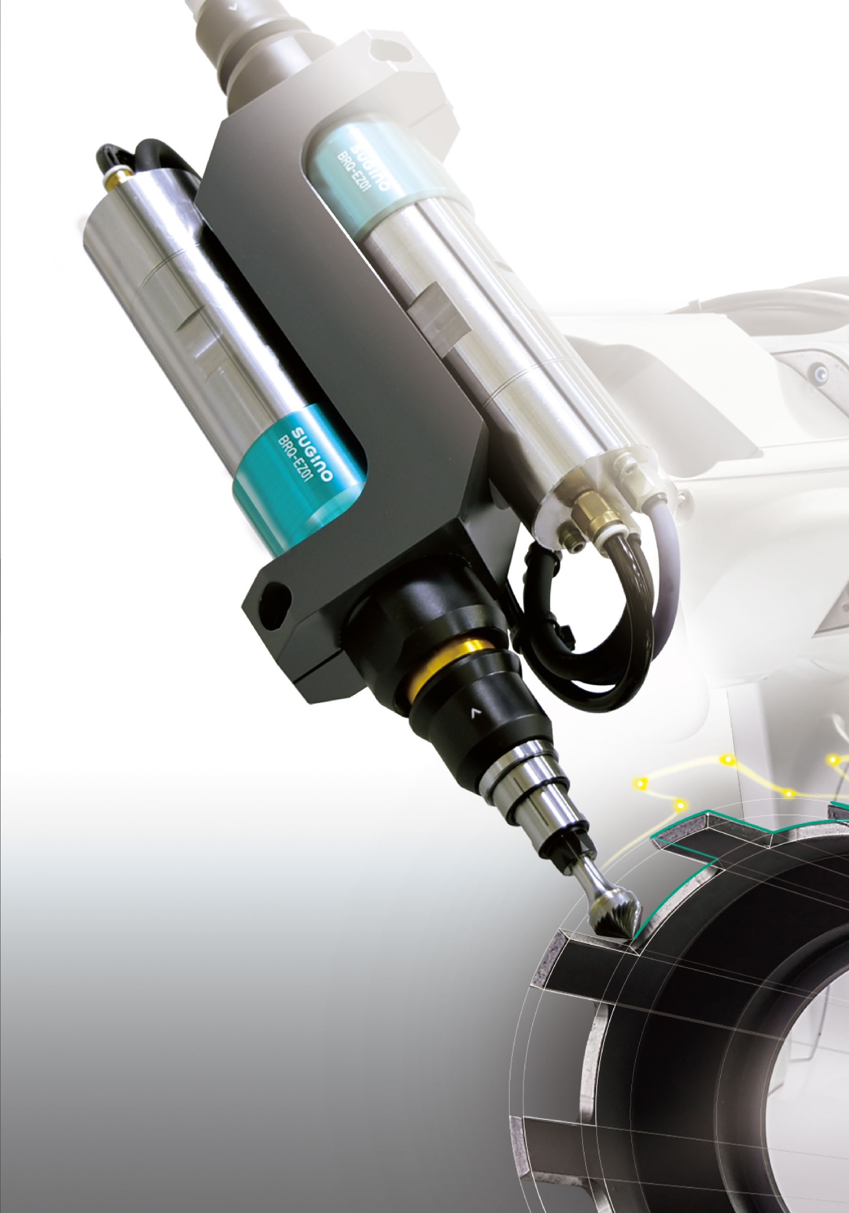 Axially compliant robot deburring set up with a small robot and Barriquan tool