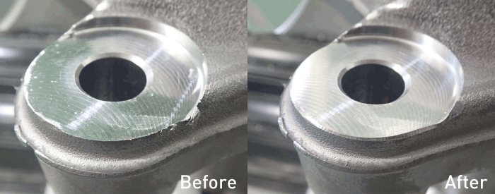 Before and After of float deburring handles burrs on the edge of a metal part