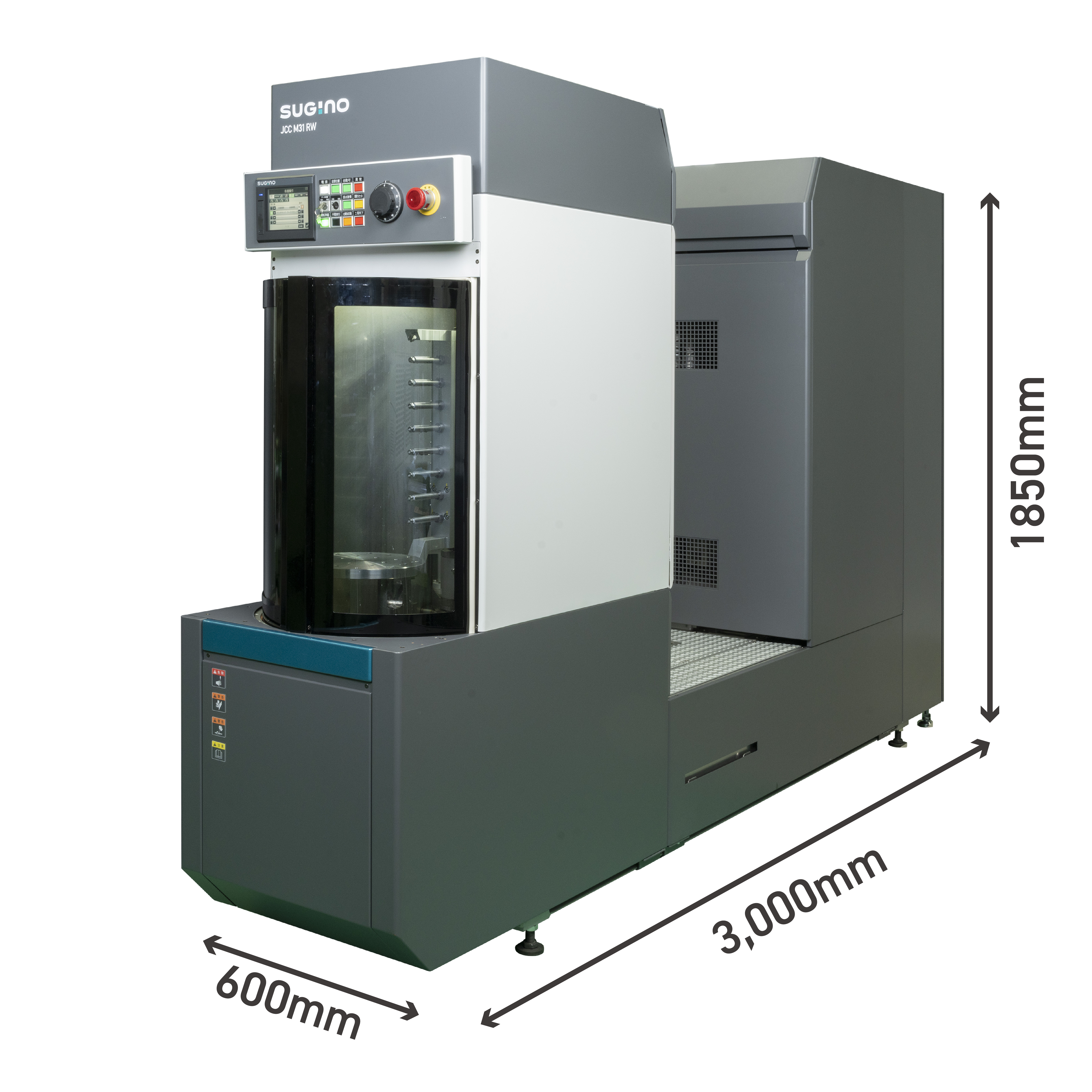Diagramm der kompakten Größe der modularen Teilewaschanlage von Sugino Corp.